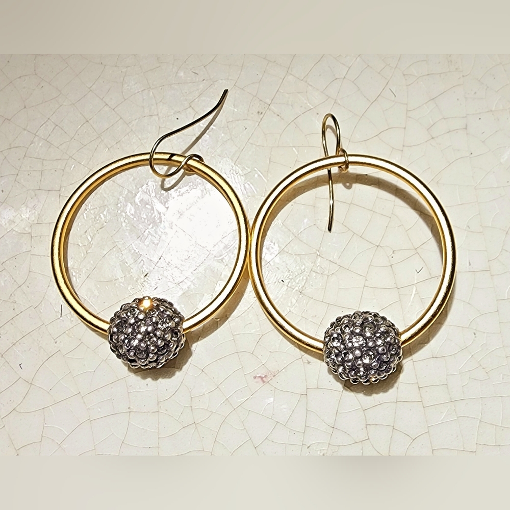 Dangle round hoops with silver rhinestone textured bead earrings, contemporary - Picture 1 of 7